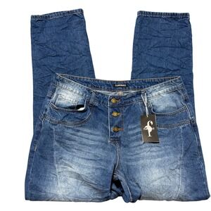 Flamingals Womens XL Medium Wash Crinkle Straight Leg Button Fly Jeans